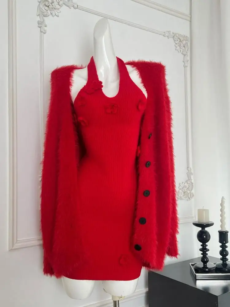 

2024 New Women's Autumn Winter Red Brown Loose Button Cardigan Sweater And Knitted Halter Sleeveless Short Dresses Two Piece Set