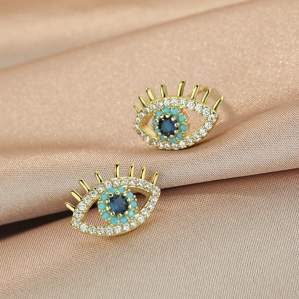 Kinitial Turkey Evil Eye Stud Earrings For Women Zircon Crystal Jewelry Punk Vintage Earrings Female Gift