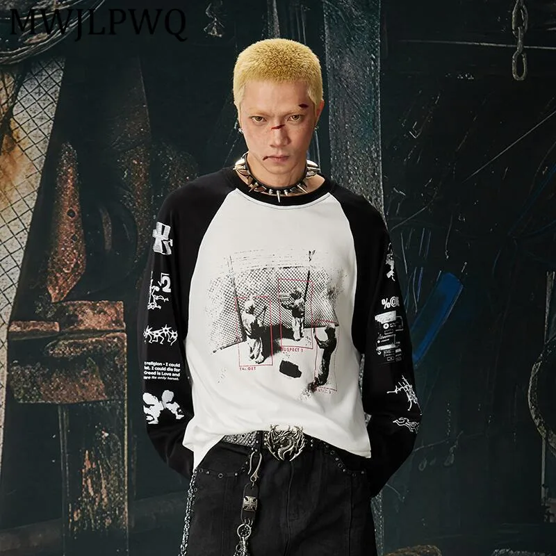 

MWJLPWQ Новая мужская футболка с принтом в стиле Y2k, свободная футболка с длинными рукавами в стиле хип-хоп, весенняя модная повседневная футболка с круглым воротником 13543