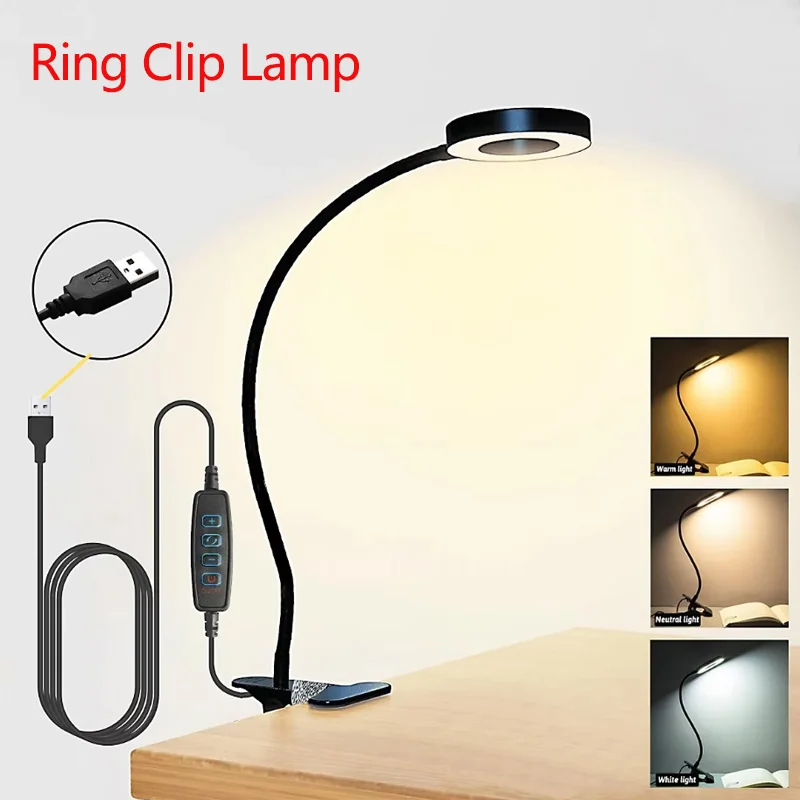

Гибкая светодиодная настольная лампа-кольцо на гибкой ножке с регулируемым креплением-прищепкой для чтения, работы, письма, вертикального освещения, светильник для кровати