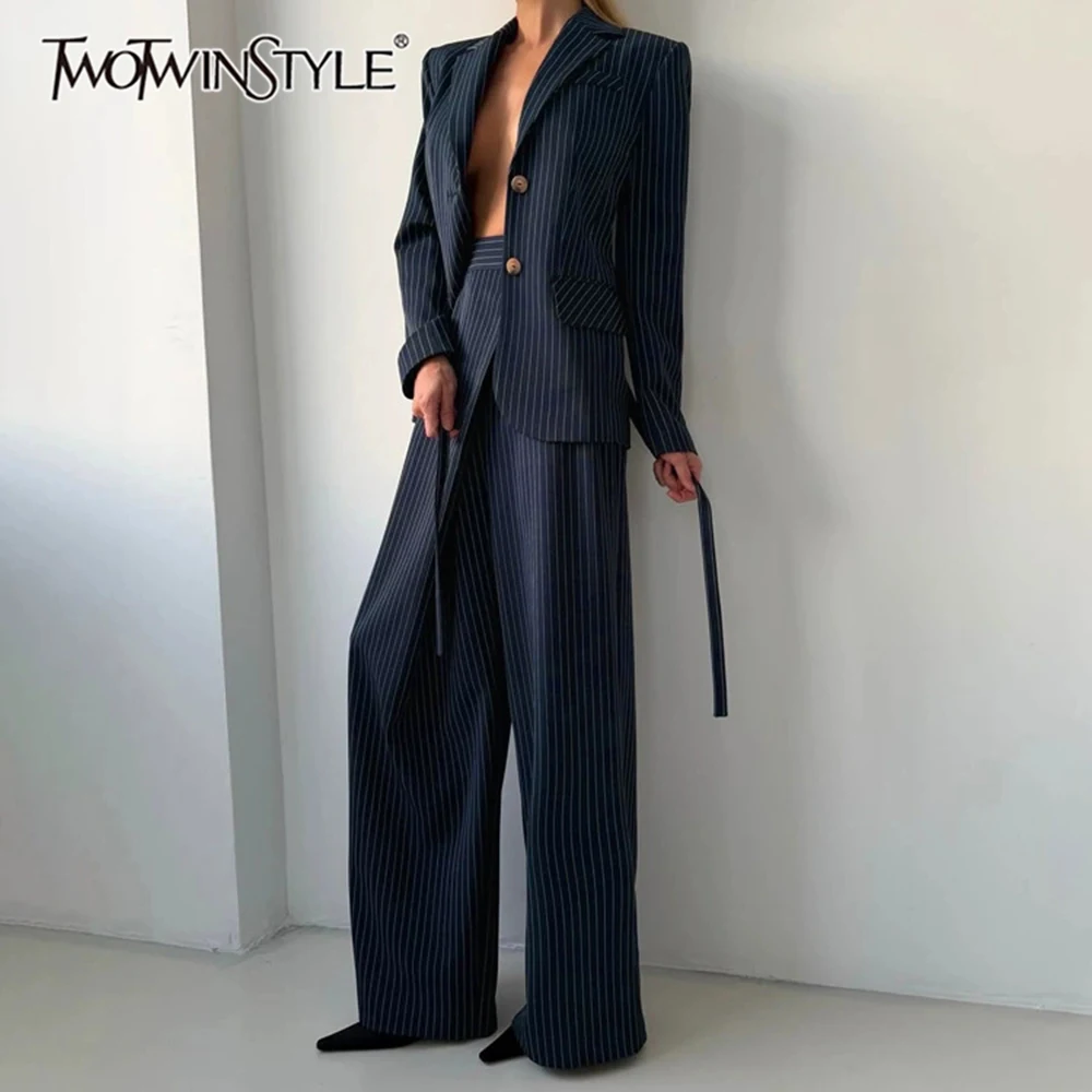 TWOTWINSTYLE Pinstripe Blazer Suit 2 Piece Set for Women Tie Design Notched Lapel Long Sleeve Blazer High Waist Wide Leg Pants