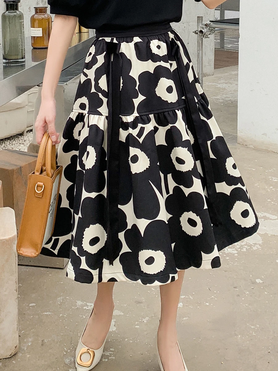 

KBOL Retro Print f Skirt Ele High Waist Slim A-Line Overskirt Satin Belted Floral Decorated Umbrella Skirt