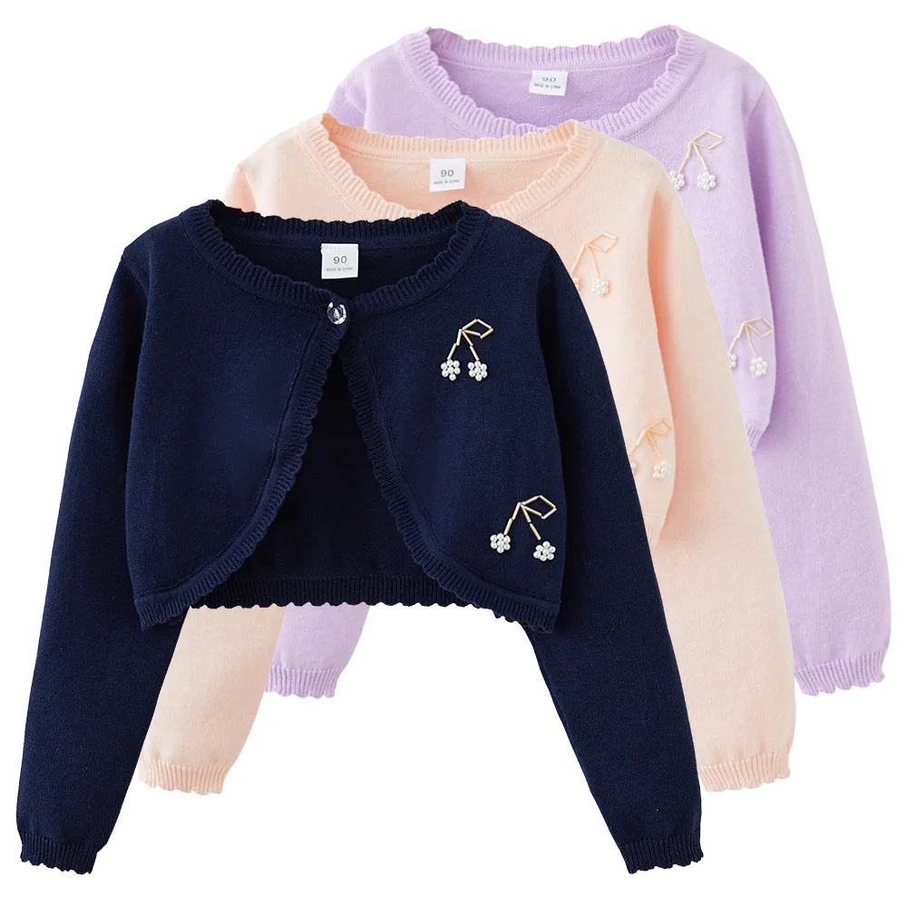 Beaded Cherry Girls Cardigan, Children's Knitted Shawl with Dress Dress Air Conditioning Shirt Girls Shawl