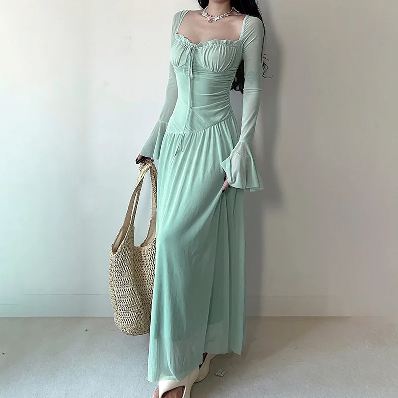 

Autumn New French Hepburn Mesh Long Sleeve Dress For Women Robe Femme Vestidos Longos