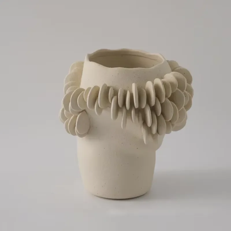 Textured white ceramic vase handmade art pottery matte glazed waterproof unique disc cluster decorative vase