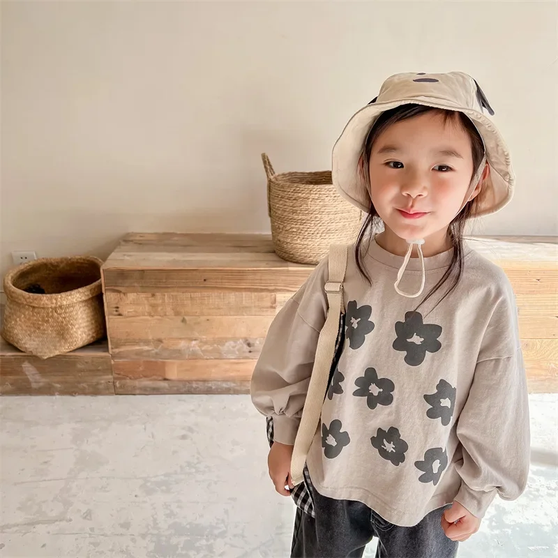 

2024 spring Unisex floral print T shirts Boys and girls cotton long sleeve base Tops