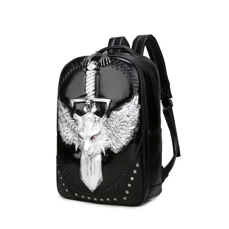 Avant Garde Men Leather Rucksack Student 3D Embossed Spatial Wolf Sword Skull Travel Shoulders Laptop School Bag view 2
