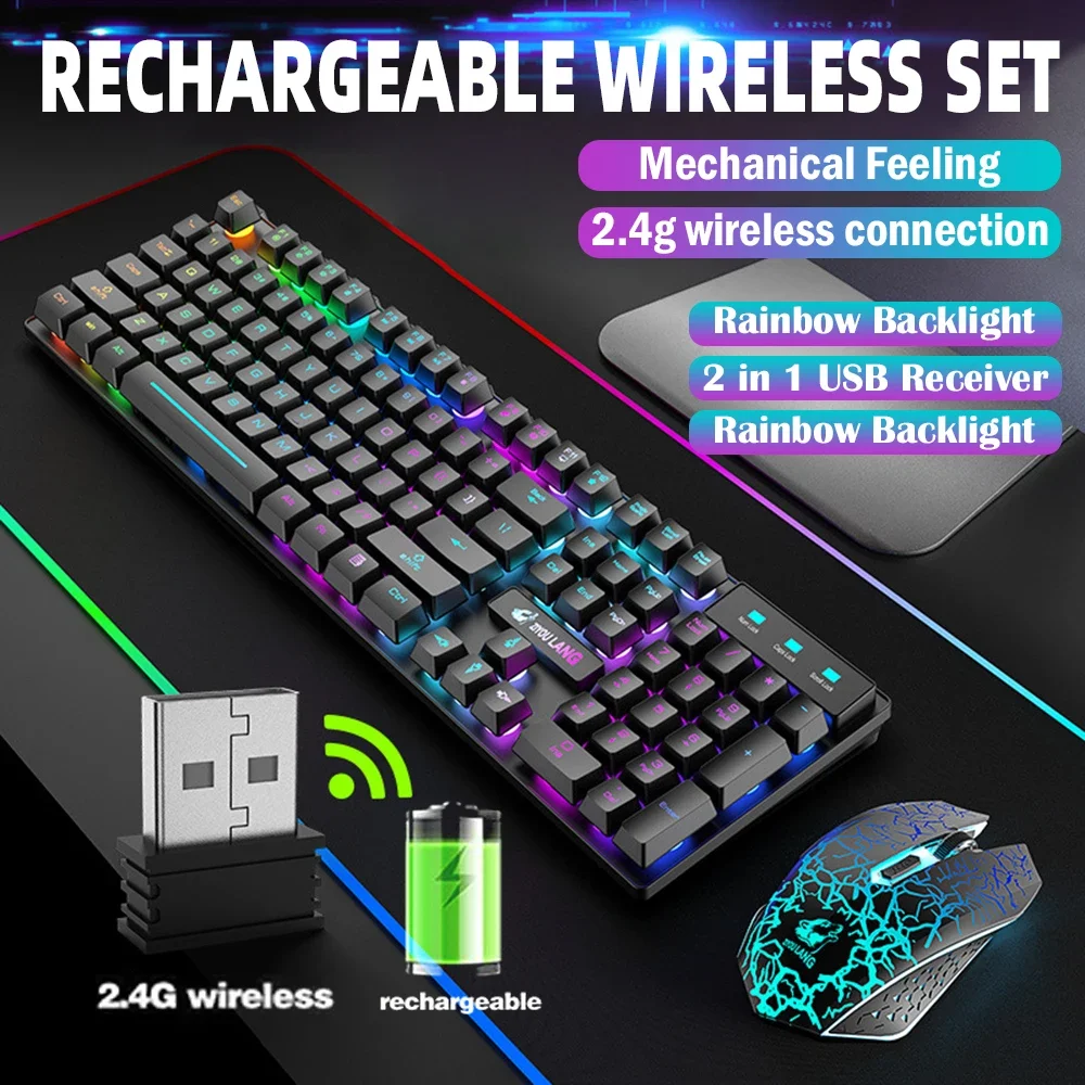 Keyboard Mekanis Gaming Feel Rainbow LED Backlight USB Keyboard dan Mouse Set Ergonomis untuk PC Laptop Komputer Gamer