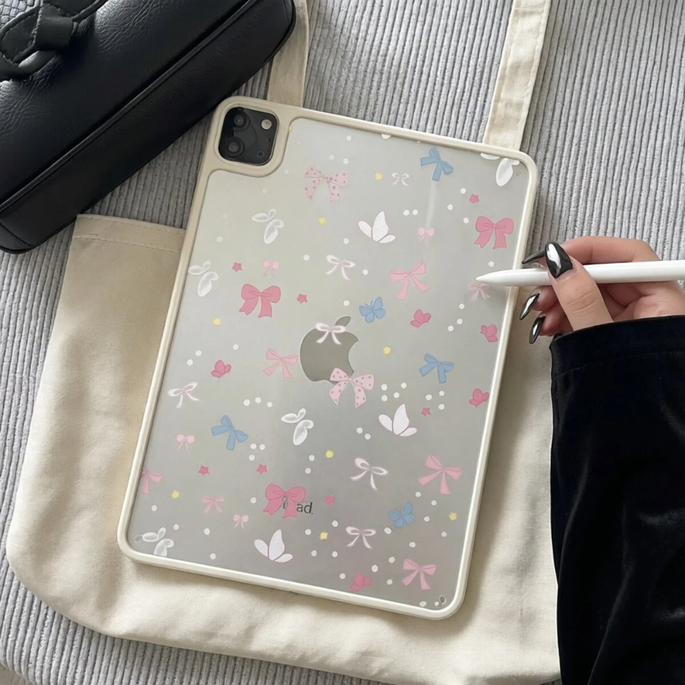 Ins Full Screen Pink Butterfly Bow Clear Cover For iPad Pro 13 11th M5 M4 12.9 A16 10 8 7 9th 10th Air 11 M2 M3 Mini Tablet Case