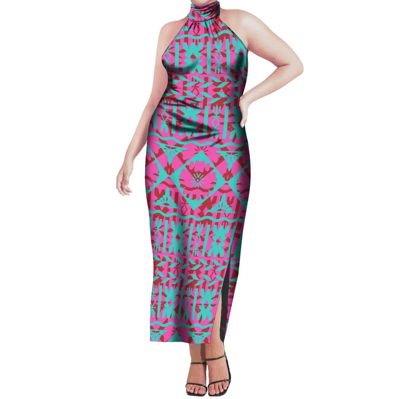 Gentle Wind Ethnic Style Dress For Women Summer Style Halter Maxi Polynesian Print Tailored Slim-Fit Maxi Dress