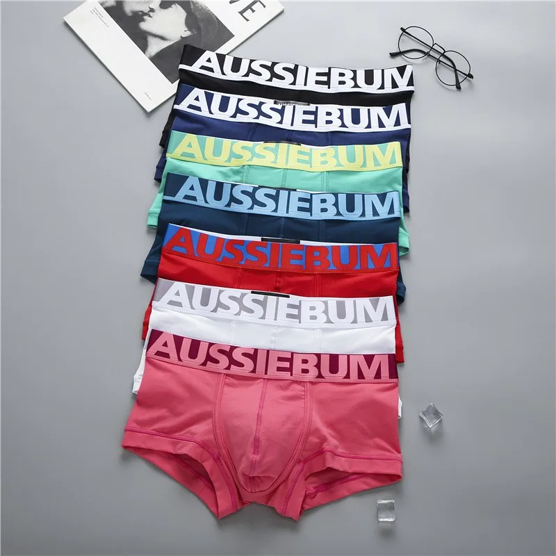 Aussiegum-Roupa Interior Masculina de Algodão Puro com Letras de Cintura Baixa, Shorts Boxer Confortáveis, Absorvente de Suor, Elegante