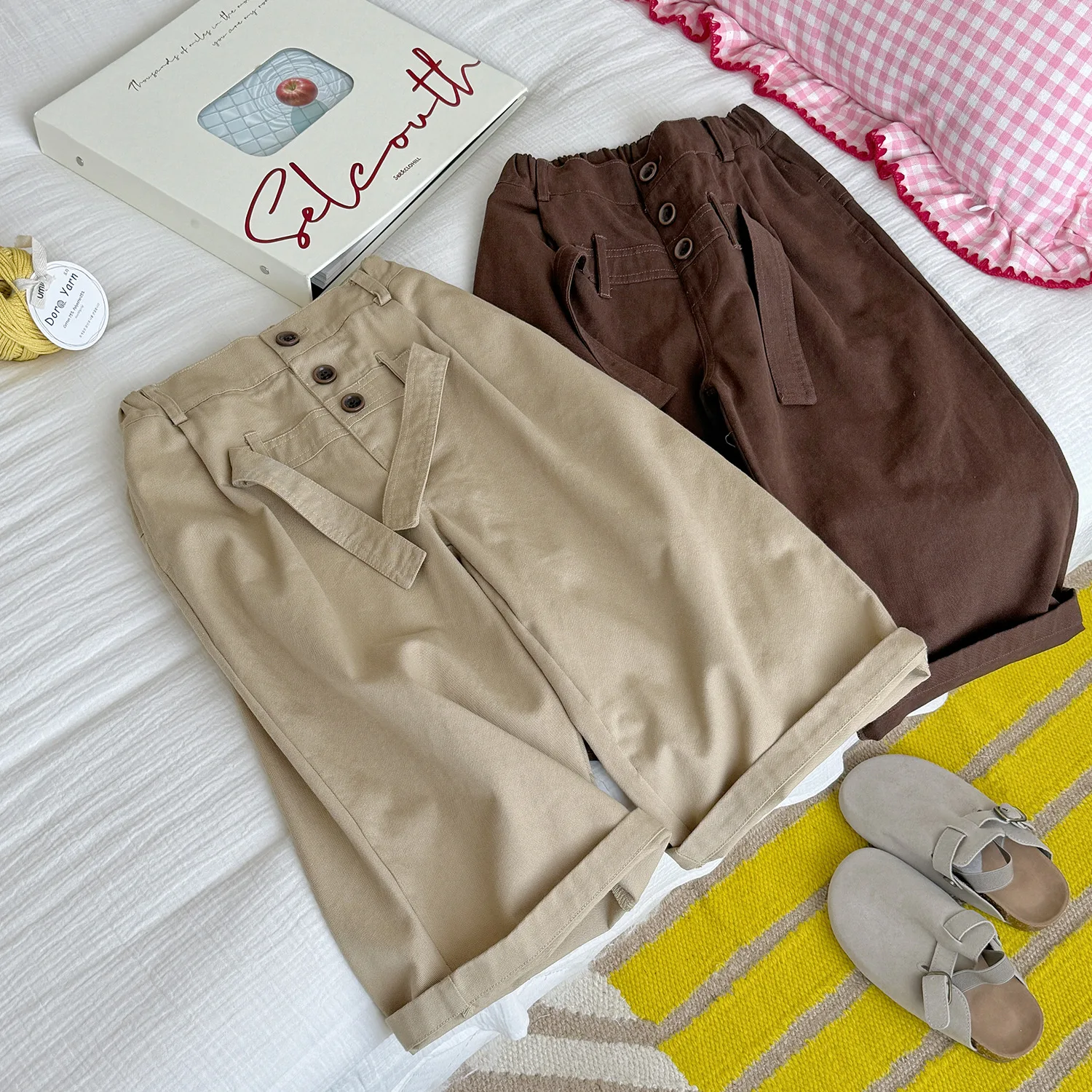 Girls' Wide Leg Pants for Autumn 2026 New Children's Khaki Work Pants Girls Baby Loose Rolled Edges Straight Leg Casual Pants