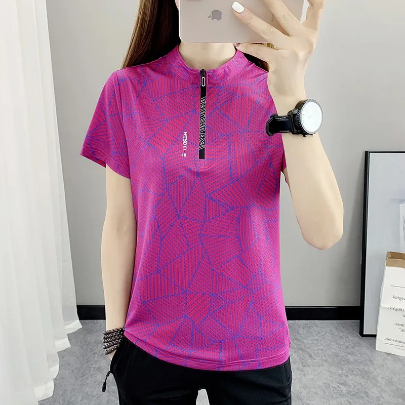 Woman's Ice Silk Sweatshirt Unique Print Outdoor Sports Shirts & Blouses Camping Running  Leisure Crewneck Zippered T-shirt