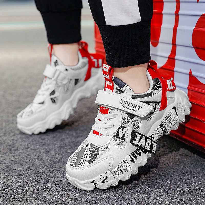 

Student Leather Waterproof Thick Sole Sneakers Boys Casual Shoes Graffiti Girls Running Shoes Children's Non-Slip Walking Shoes