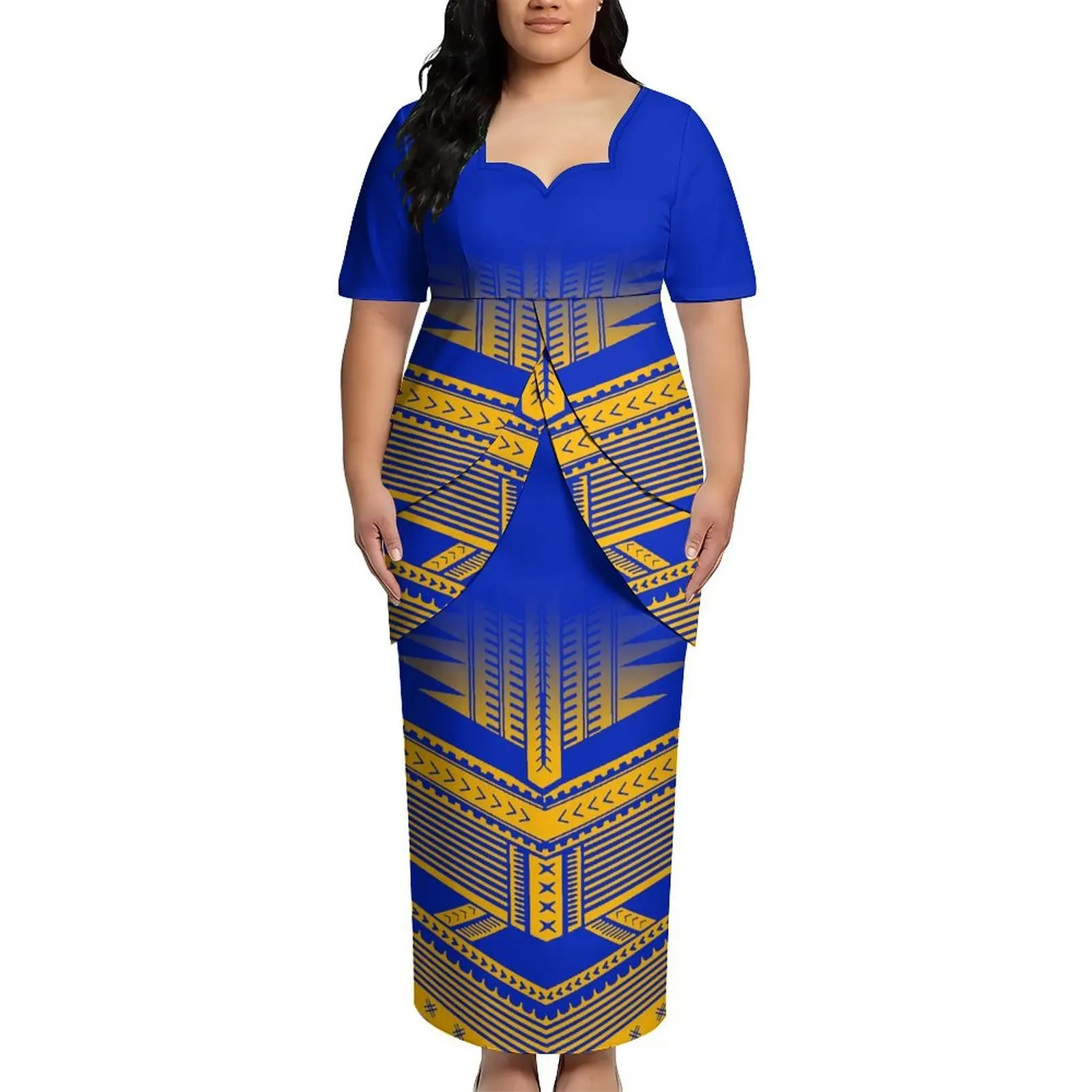 Breathable And Comfortable Puletasi Flower Petal Double-Tiered Fringed Skirt Set   Short Sleeves   High Quality   Polynesian