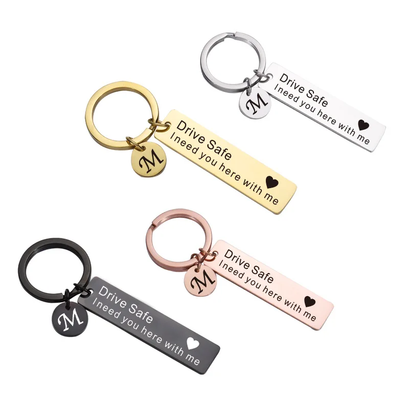 2pcs/lot Drive Safe Keychain Stainless Steel Rectangle Bar Keychian With Letter M Initials Customized Gift Keyring