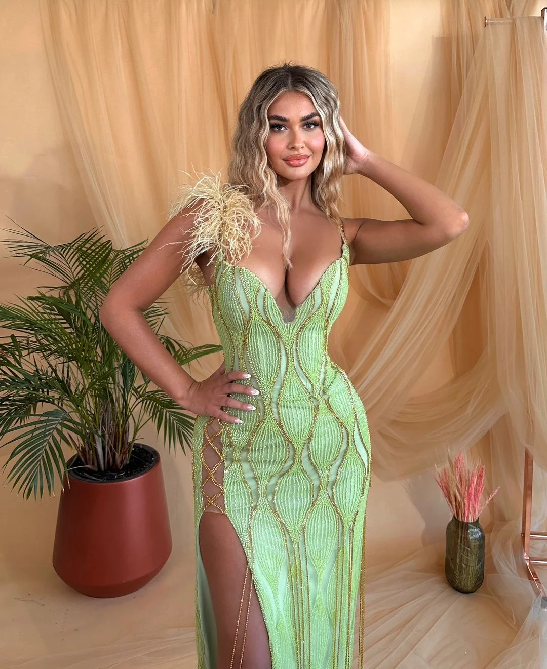 Women's Sage Green Sequin Bandage Dress Feather Trim Deep V Neck High Slit Mermaid Evening Gown Formal Party Wear