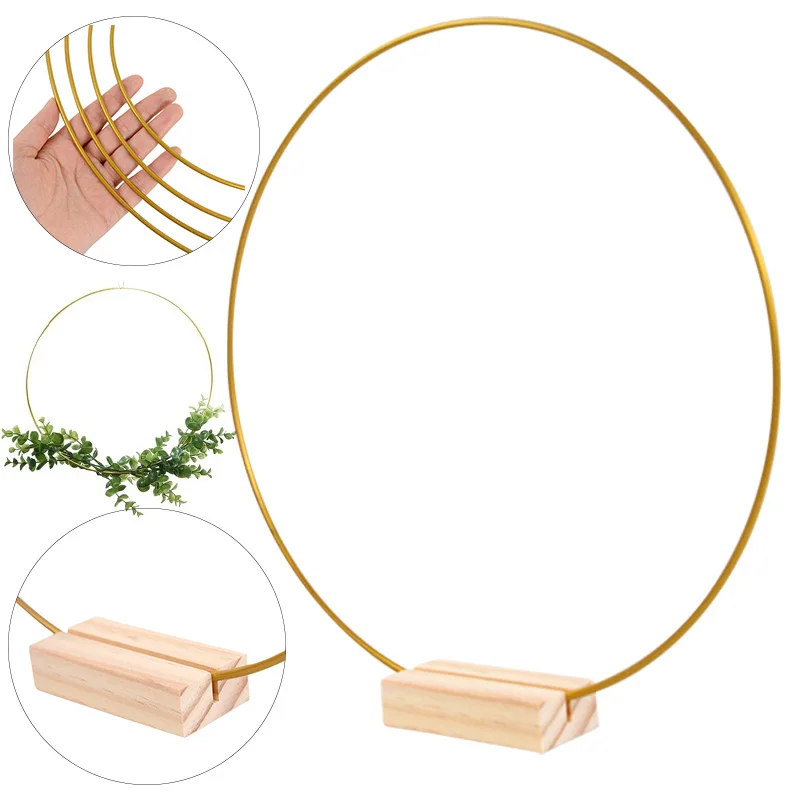 20-35cm Wedding Wreath Metal Ring Hoop With Wooden Base Artificial Flowers Metal Garland For Wedding Christmas Party Table Decor