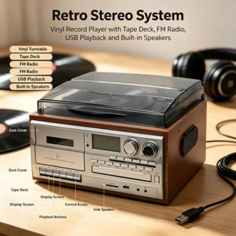 10 in 1 multifunctional turntable player with CD cassette radio and Bluetooth speaker, integrated retro sound system