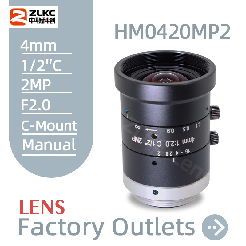 

2.0Megapixel 4mm Fixed Focal Length 1/2 Inch FA Machine Vision C Mount Lens Aperture F2.0 Manual Iris Camera Lens CCTV Macro 2MP