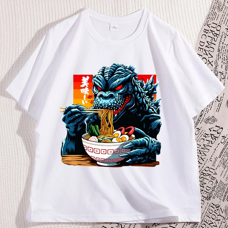 

Футболка с забавным дизайном кайжу, щипающего лапшу рамен, японский монстр, аниме, еда, принт, футболка с коротким рукавом для мужчин и женщин