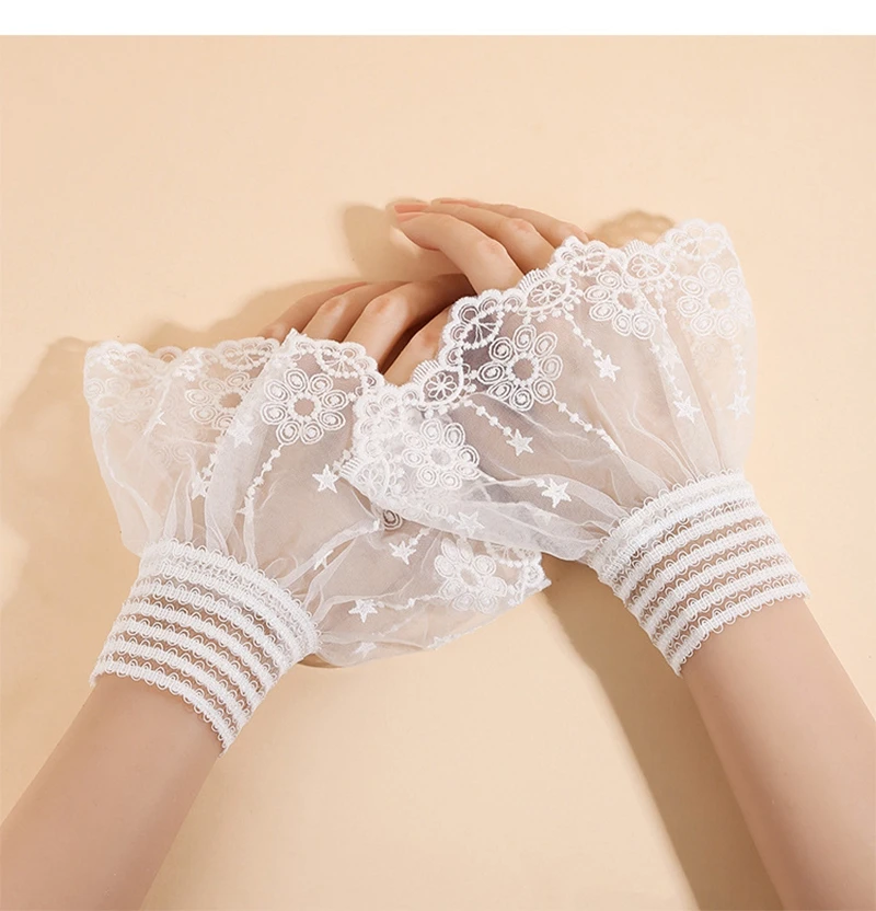 الدانتيل الأبيض تكدرت الأكمام وهمية شبكة مطرزة انفصال المعصم الأصفاد الزفاف حفل زفاف لوليتا زي التبعي