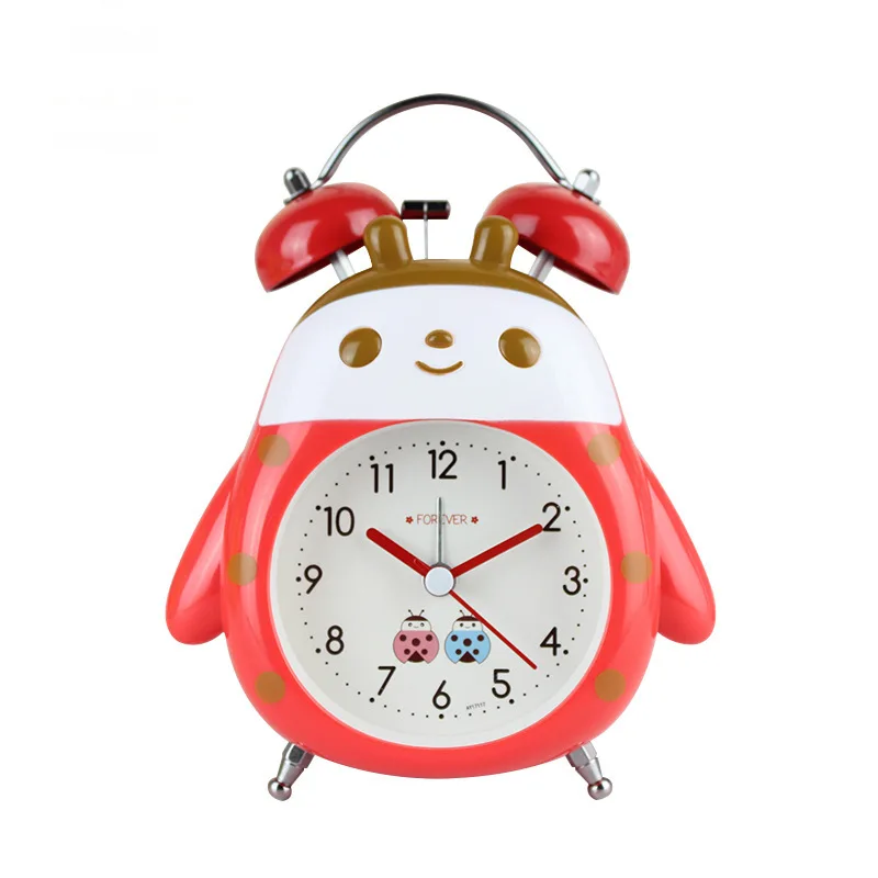 Cartoon Ladybug Ringing Alarm Clock for Children, Student Home, Bedside Silent Scanning Second Night Light Ringing Clock