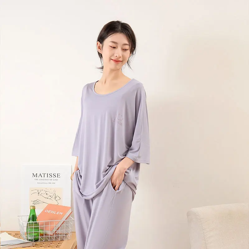 Damen Pyjama Anzug einfarbig lose Freizeit kleidung Modal Baumwolle Kurzarm Tops Hose zweiteilige Nachtwäsche Lounge wear