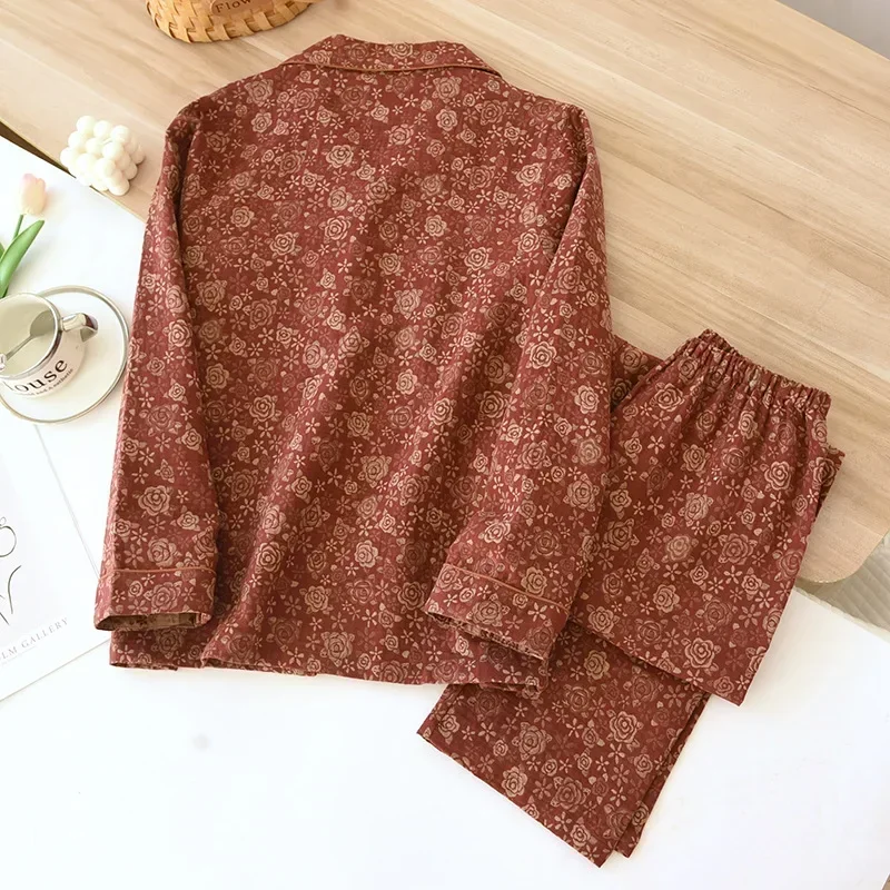 2025 春と秋の新女性のパジャマセット綿 100% ガーゼ大ジャカード長袖長ズボンツーピースホーム服