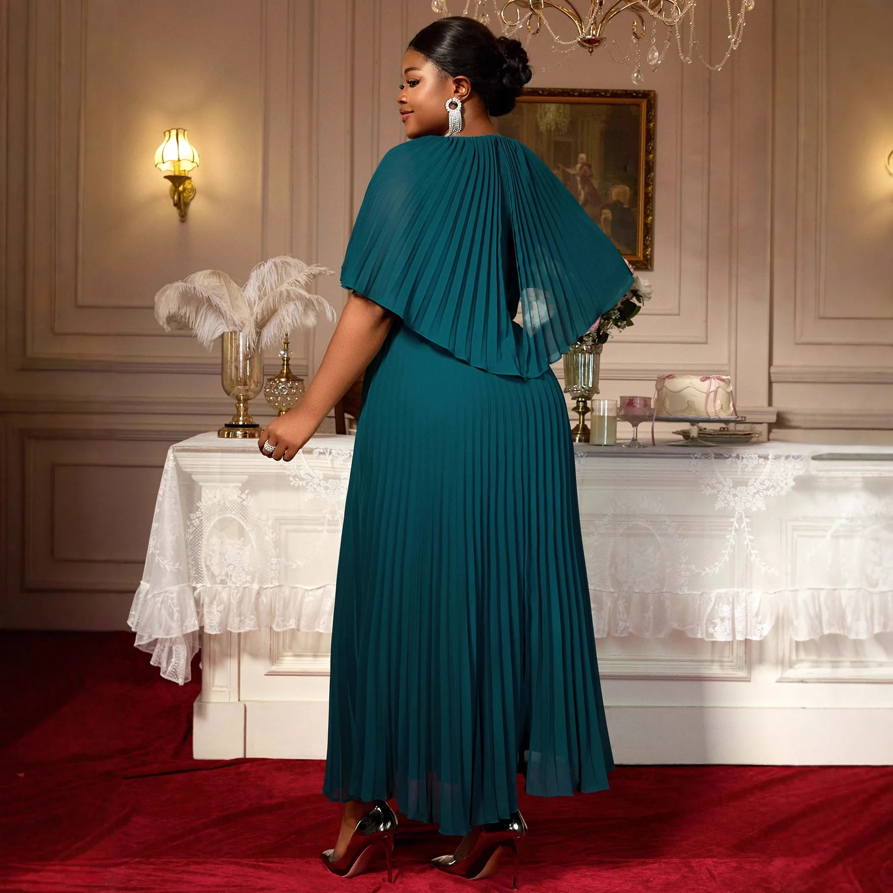 Elegant Crew Neck Cape Shawl Short Sleeves Pleated Chiffon Long Evening Party Dress Green