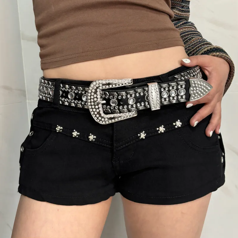 

Women's Millennium Spicy Girl Short Accessories White Design Sense Belt American Water Diamond Sparkling Rivets