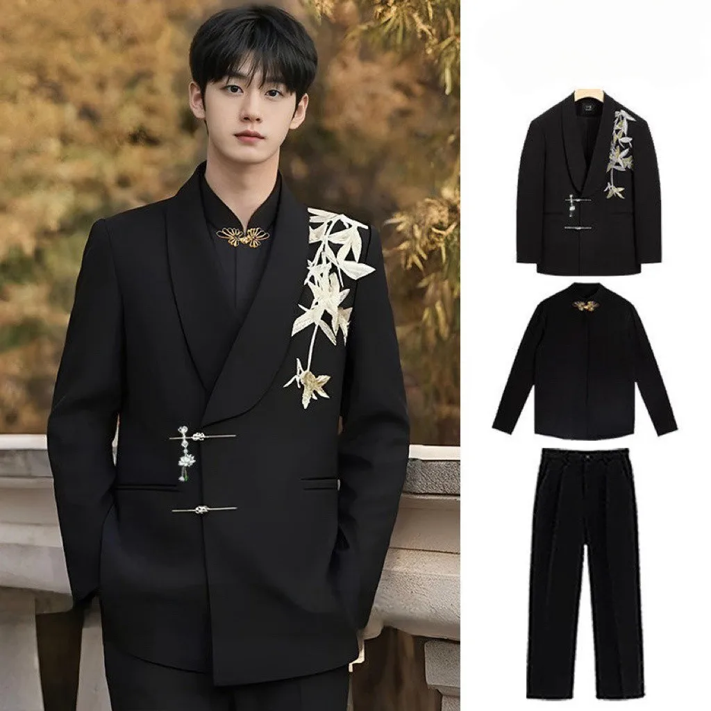 

Новый мужской свадебный костюм в китайском стиле для молодежи, популярный, стандартного кроя, с двумя пуговицами, однобортный, однотонный смокинг для помолвки