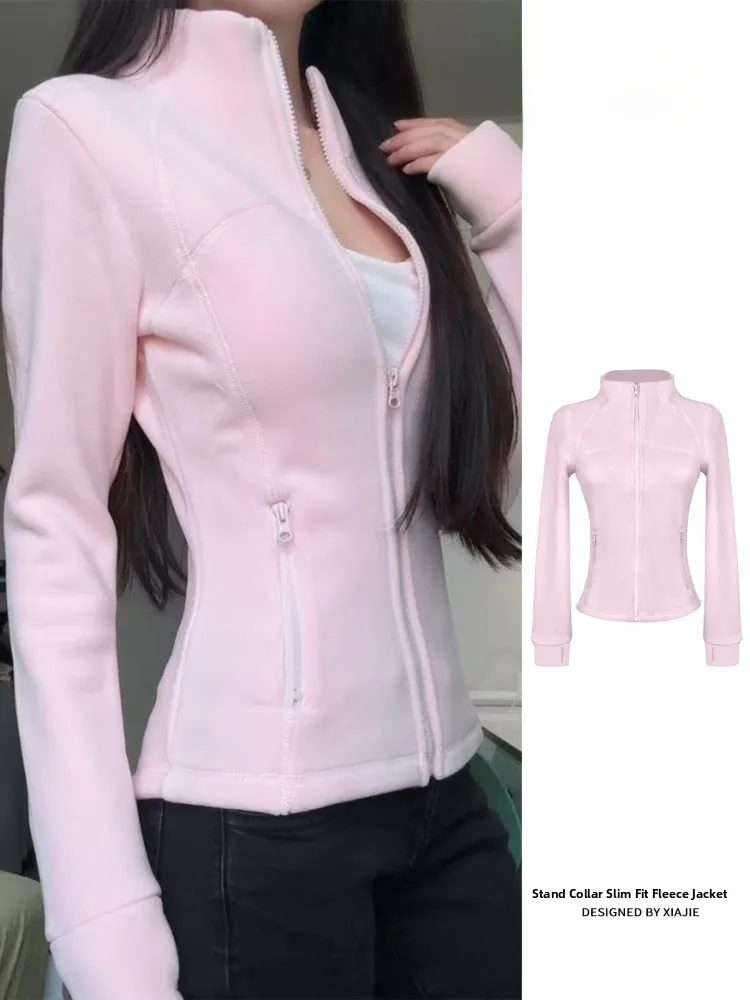 

Pink Fce Jaet Women's Autumn Winter Slim Fit Design Fce Lined Open Cardigan Hoodie Stand Collar Double Sided Velvet Top