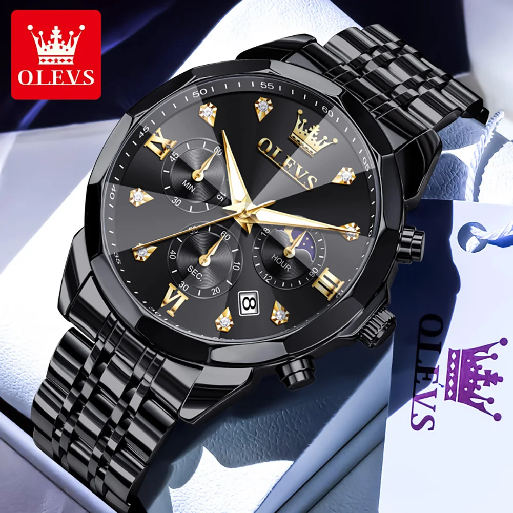

OLEVS 3670 Moon Phase Luminous Men's Watches Waterproof Brand Quartz Watch for Man Luminous Date Chronograph Original Wristwatch