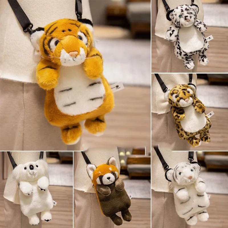 Simulation Cute Animal Plush Crossbody Bag Soft Fluffy Tiger Koala Panda Shoulder Bag for Kawaii Cartoon Zoo Animal Plush Purse