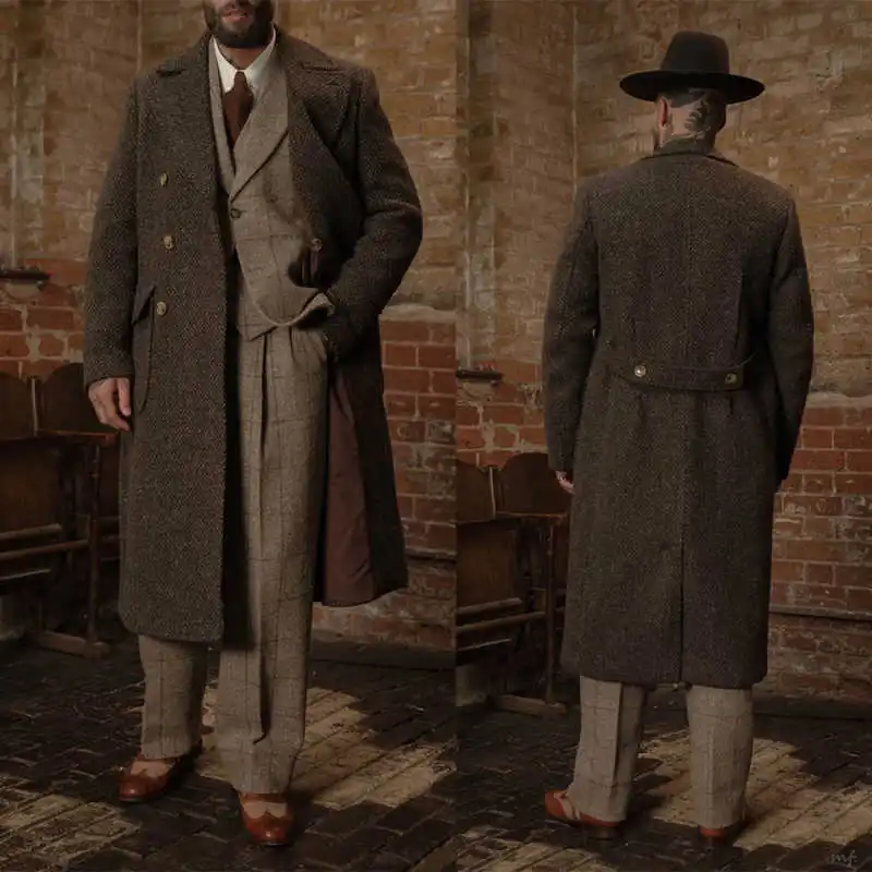 

Винтажное мужское длинное пальто из смесовой шерсти, двубортная куртка с зубчатыми лацканами, пиджаки, зимние теплые цельные пиджаки по индивидуальному заказу