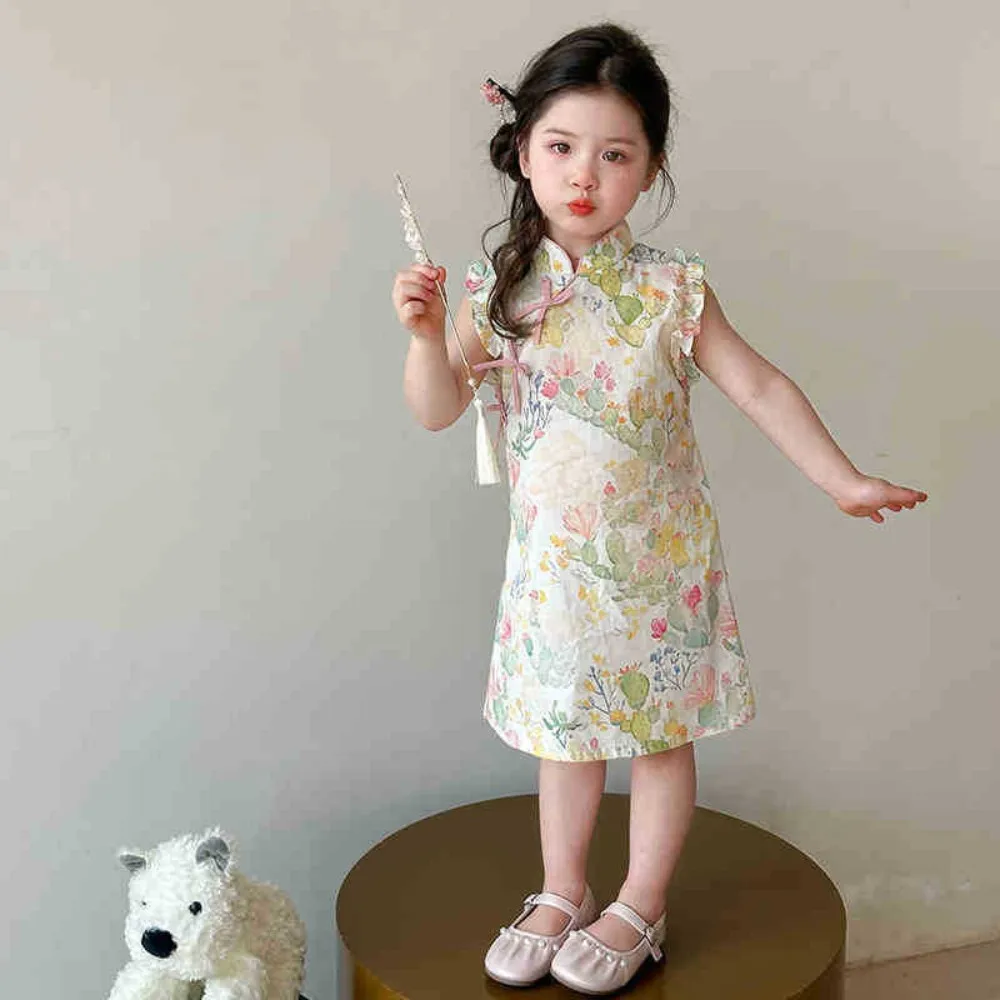 Bear Leader Children's Summer Chinese Style Cheongsam Dress Fashion New Flower Printed Sleeveless Sweet Princess Girls' Dresses