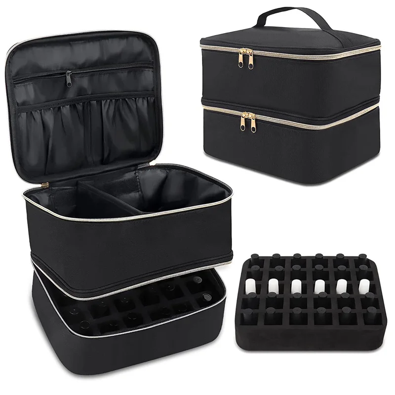 30 Bottle Black Nail Polish Storage Bag Essential Oil Case Cosmetic Handbag Organizer Travel Bag Large Capacity Two Layer