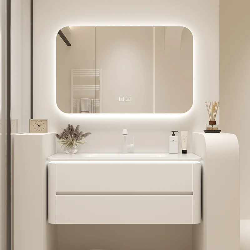 Skin Sense Integrated Basin Cream Wind Bathroom Cabinet Combined Washbasin Cabinet Ceramic Integrated Basin Extended