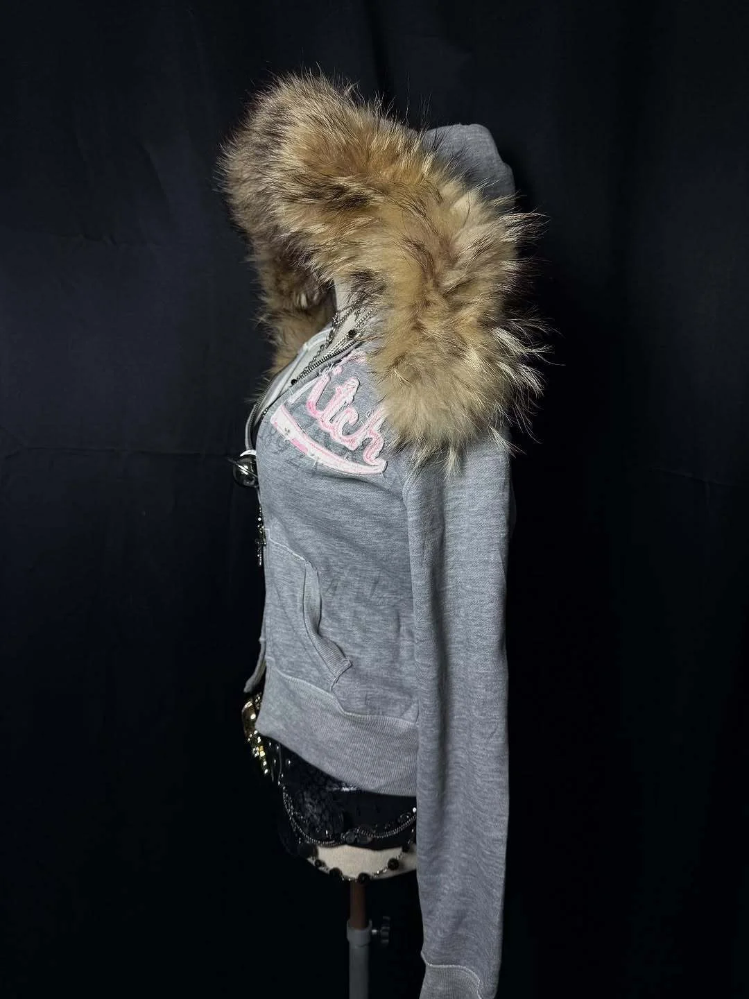 Autumn and winter women's personalized patch fabric double zipper design large hat cardigan sweatshirt Gothic Harajuku Y2k top - Image 2