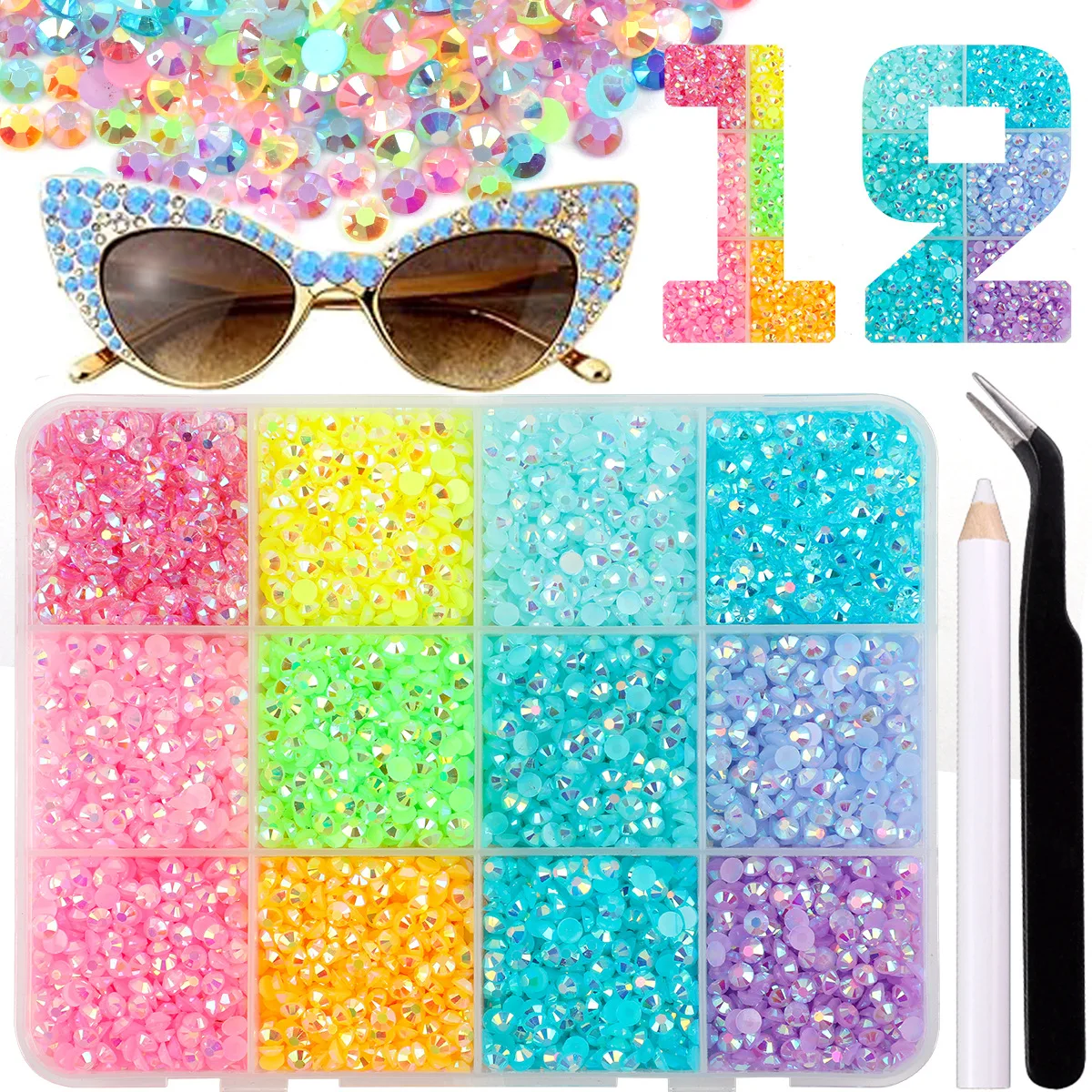 12 Grids Multi Color Round Rhinestones Kit with Tweezers Picker Pen DIY Supplies for Manicure Phone Case Cup Clothing Decor