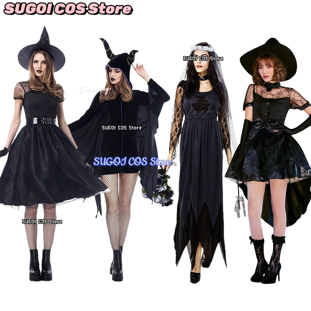 

Halloween Witch CosplayCostumes Adults Kids Parent-Child Black Witch Dress Uniform Women Girls Halloween Dress Up Party Outfits