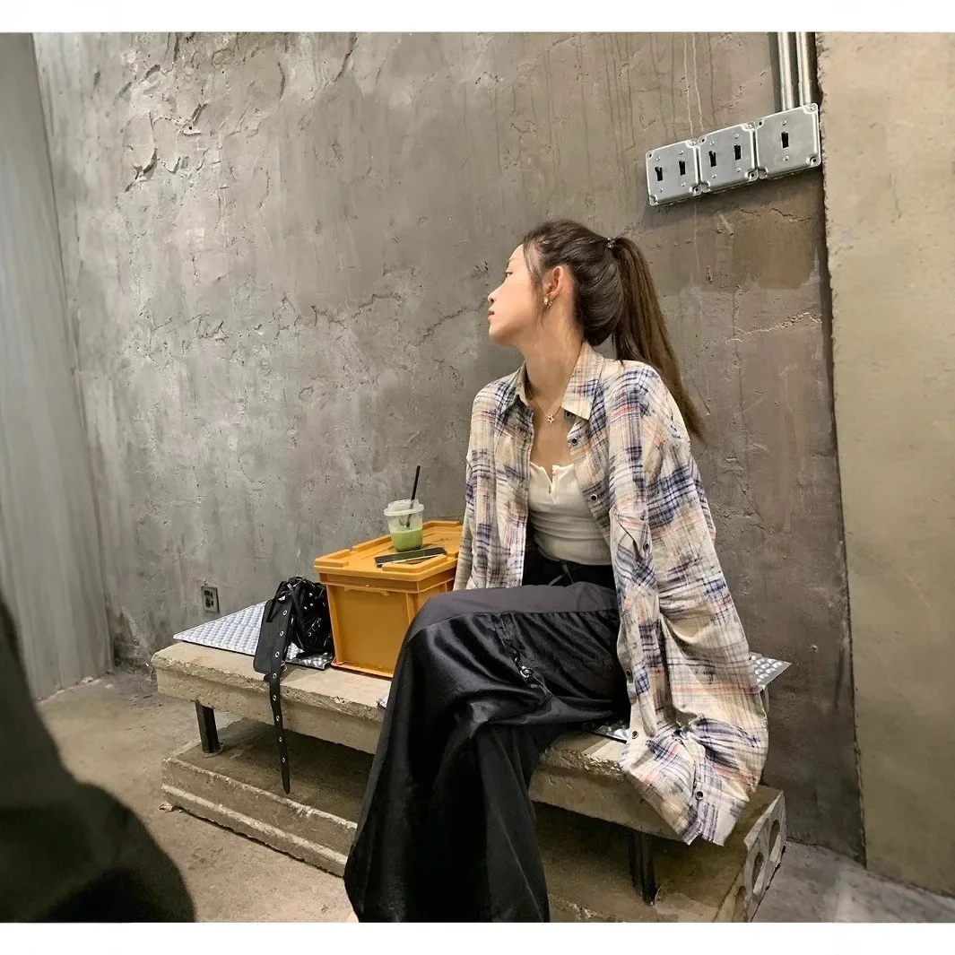 

Long Sleeve Loose-Fit Jacket Versatile Sun Protection For Spring And Autumn American Style Vintage Plaid Shirt Women's Casual