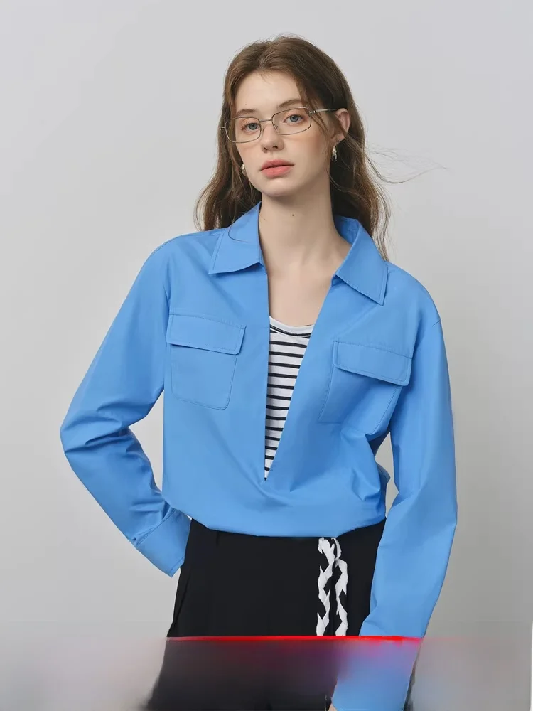 

Женская свободная рубашка с длинным рукавом, имитация двухслойности, хлопок, однотонная, с воротником, для повседневной носки