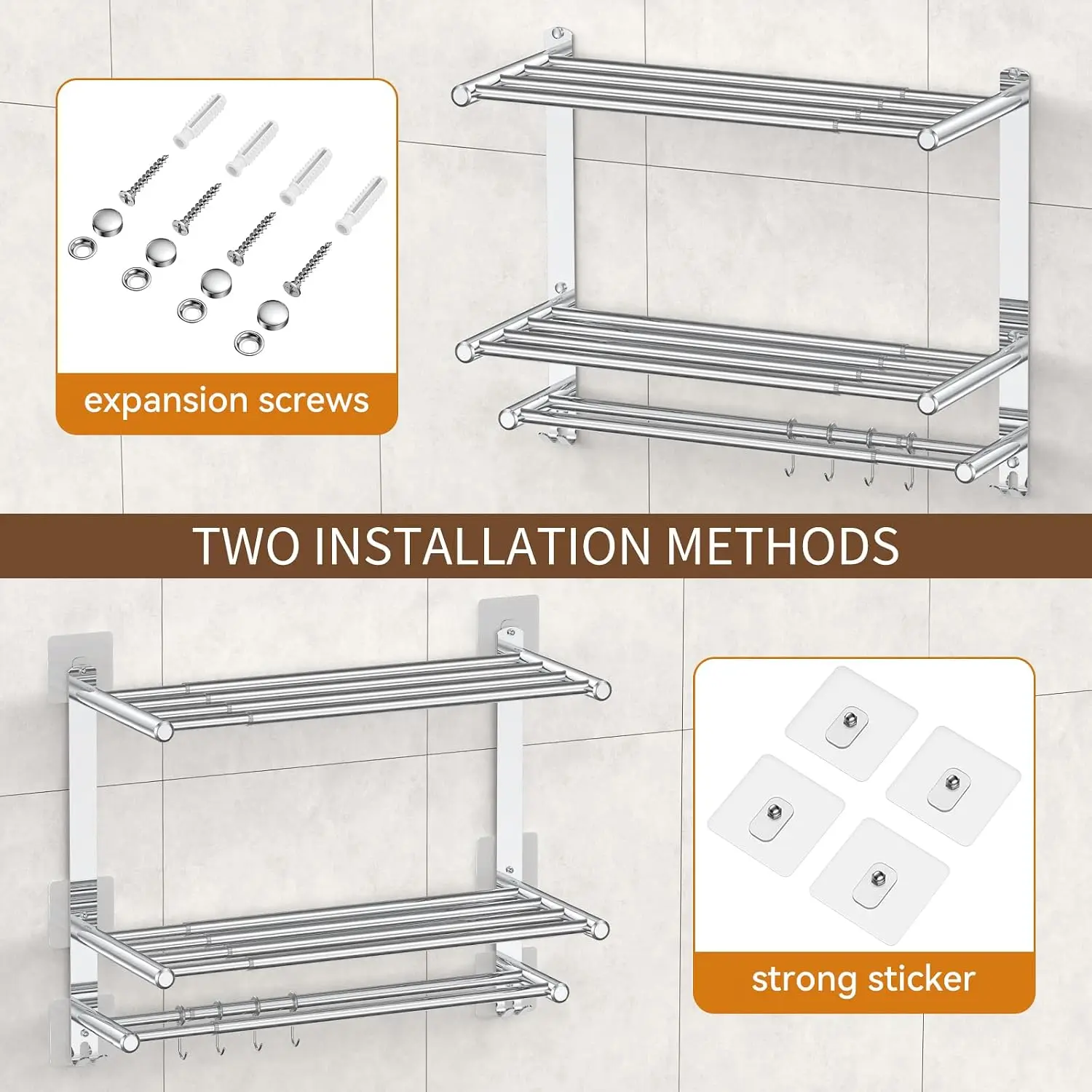 Bathroom Towel Rack With Shelf And Towel Bar, 2-Tier Expandable (16.9 To 28 Inches) SUS304 Stainless Steel, Wall Mounted