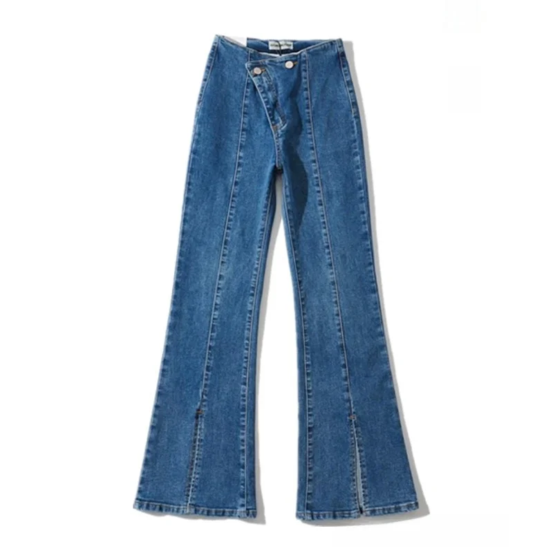 

Женские уличные расклешенные джинсы с высокой талией в стиле ретро, Гонконгские ветровые джинсовые брюки с разрезом, модные длинные джинсовые брюки, весенний сезон