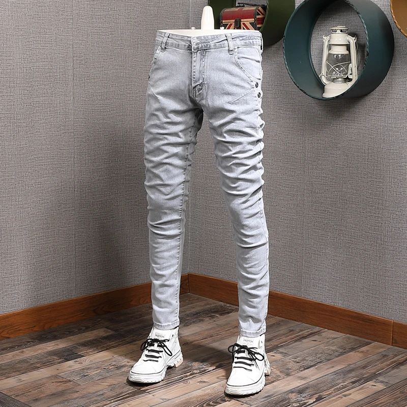 Street Designer Fashion Men Jeans Retro Washed Gray Stretch Skinny Fit Ripped Jeans Men Y2K Vintage Casual Denim Pencil Pants