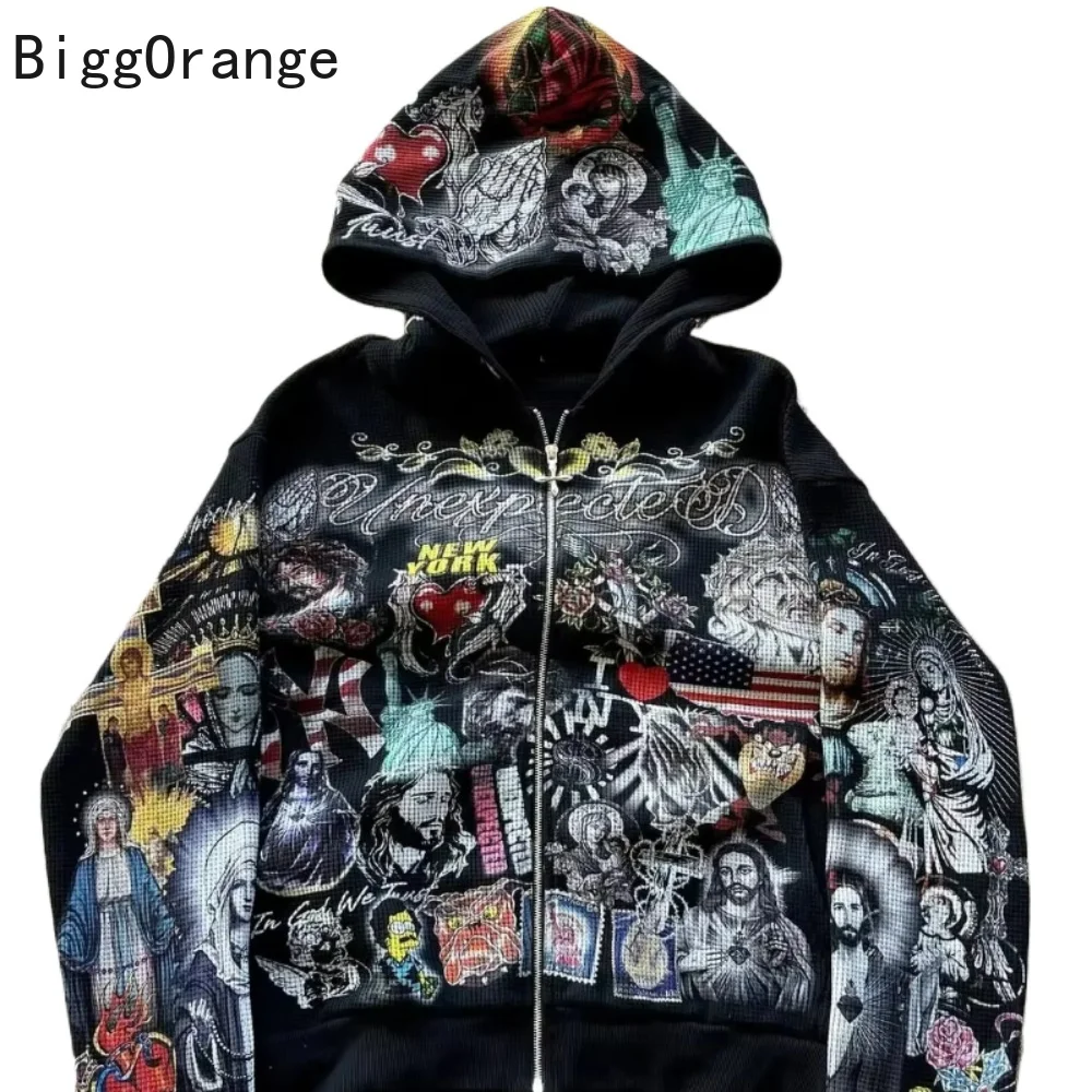 

Spring Autumn Couple's Same Style Printed Zipper Hoodie Hip Hop Gothic Street Trend Personalized Casual Top for Men and Women