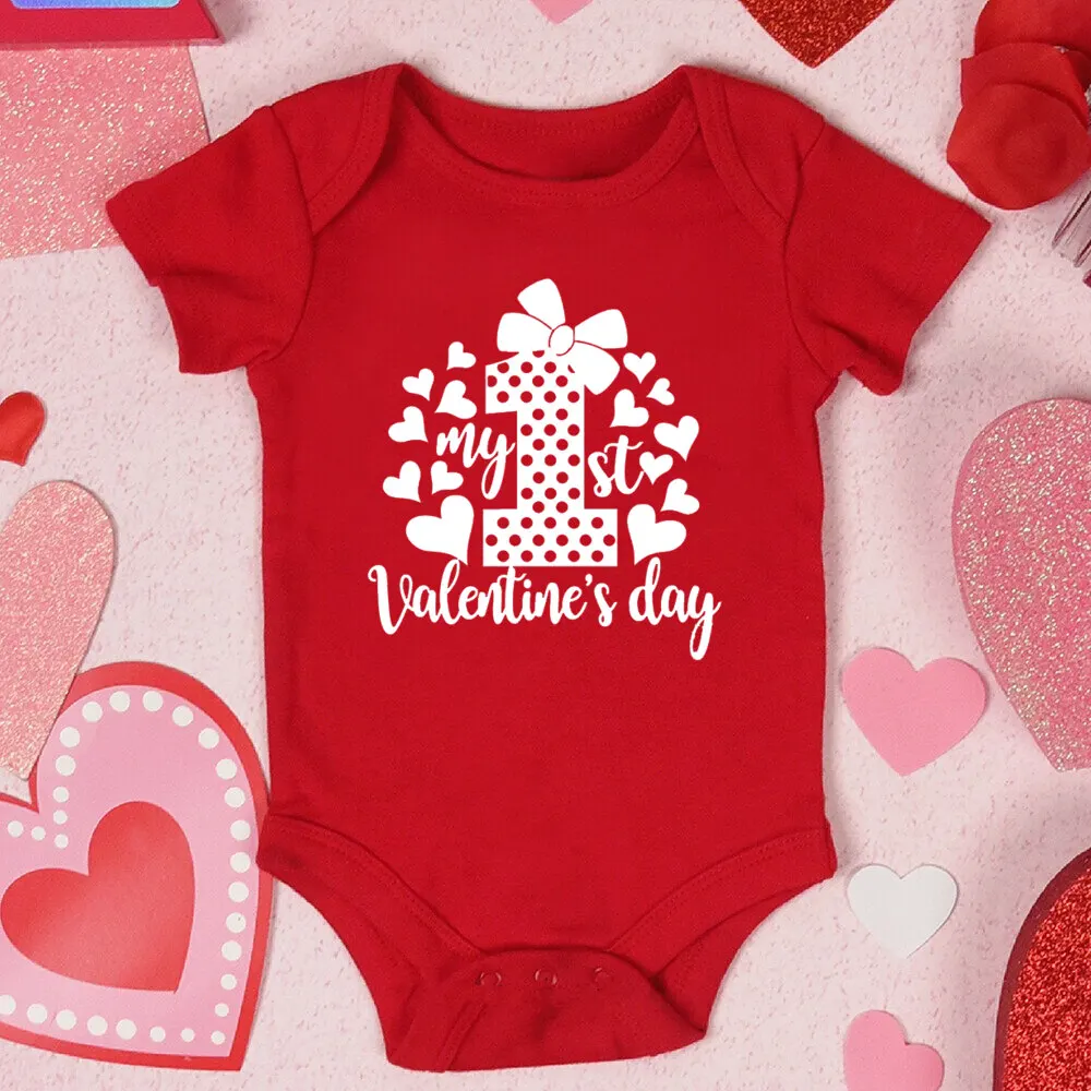 My First Valentine\'s Day Printed Baby Romper Newborn Red Cotton Bodysuit Valentine Party Infant Outfit Toddler Holiday Jumpsuit