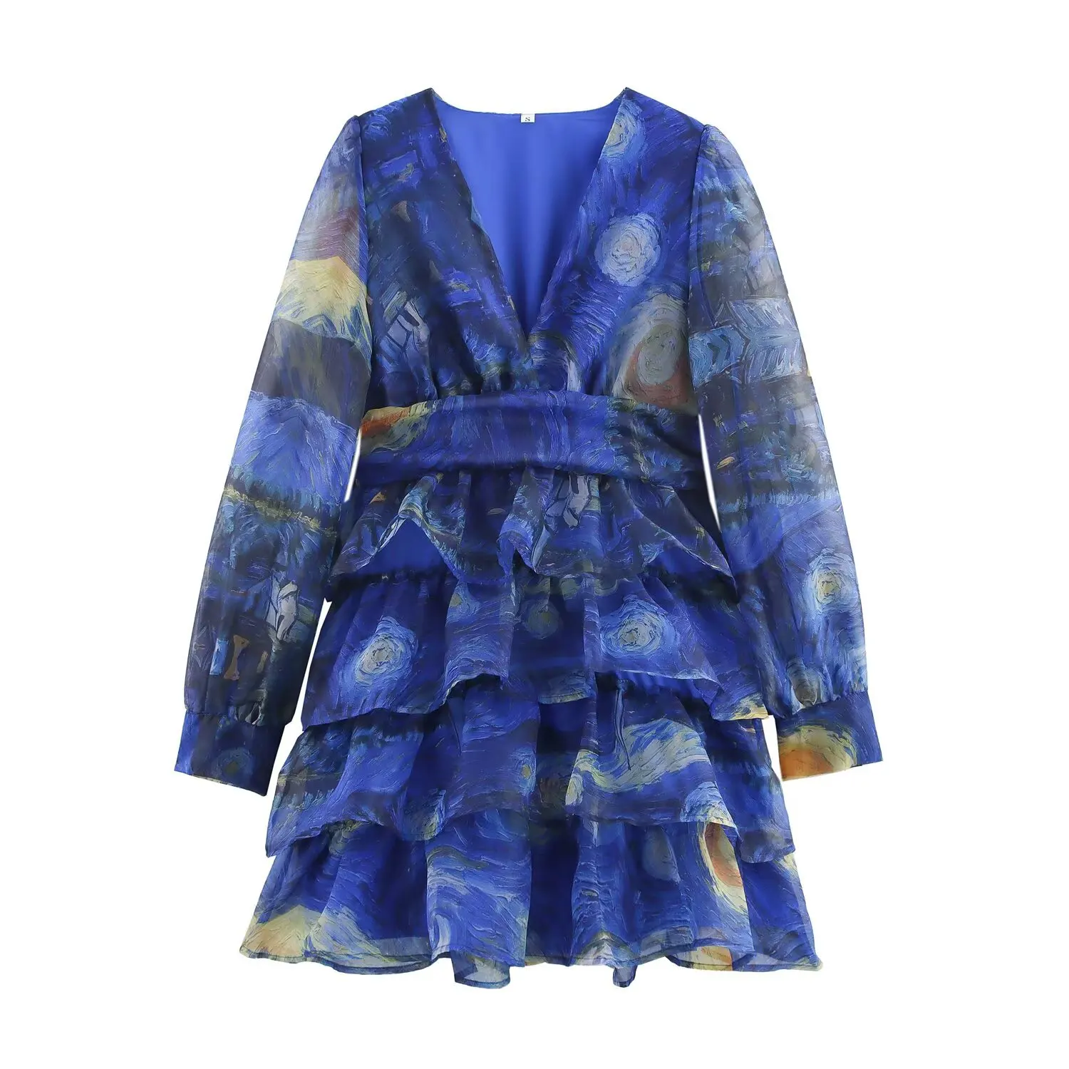 2025 estilo de férias verão vestido curto feminino retro manga longa com decote em v céu estrelado impressão organza vestido em camadas